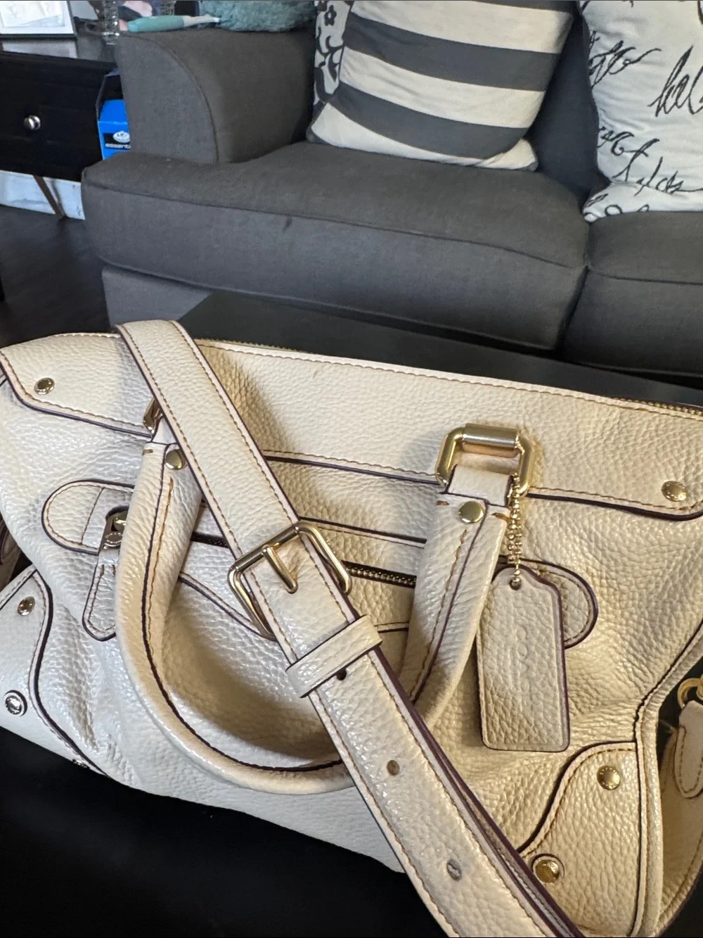 Coach Cream Pebbled Leather Satchel with Gold Hardware